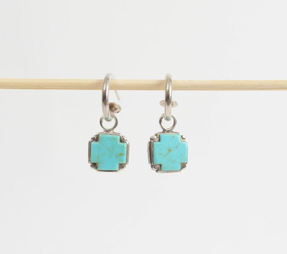 Vintage 925 Sterling Silver Turquoise Cross Southwestern Hoop Dangle Earrings